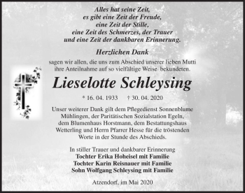Traueranzeige von Lieselotte Schleysing  von Magdeburger Volksstimme
