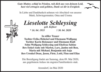 Traueranzeige von Lieselotte Schleysing (geb. Keßner)  von Magdeburger Volksstimme