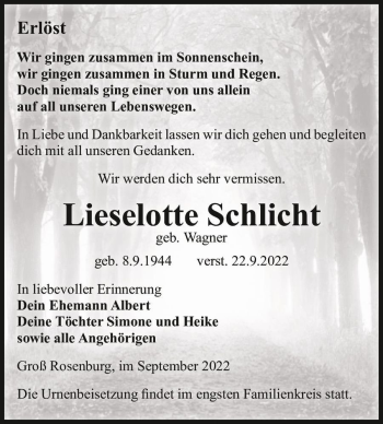 Traueranzeige von Lieselotte Schlicht (geb. Wagner)  von Magdeburger Volksstimme