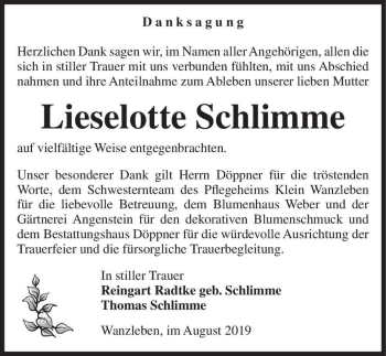 Traueranzeige von Lieselotte Schlimme  von Magdeburger Volksstimme