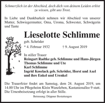 Traueranzeige von Lieselotte Schlimme (geb. Schröder)  von Magdeburger Volksstimme