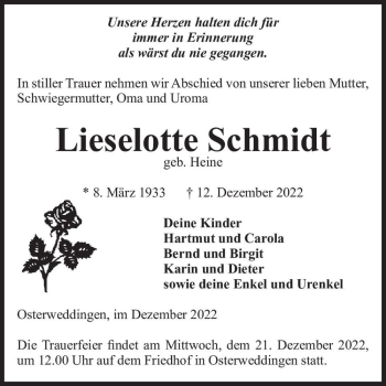 Traueranzeige von Lieselotte Schmidt (geb. Heine)  von Magdeburger Volksstimme