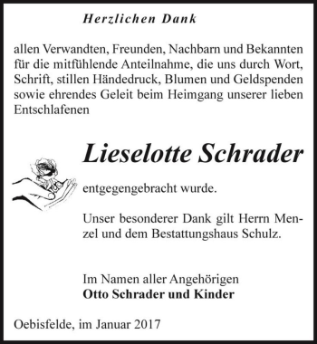 Traueranzeige von Lieselotte Schrader  von Magdeburger Volksstimme
