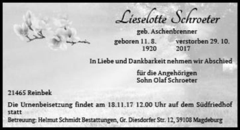 Traueranzeige von Lieselotte Schroeter (geb. Aschenbrenner)  von Magdeburger Volksstimme