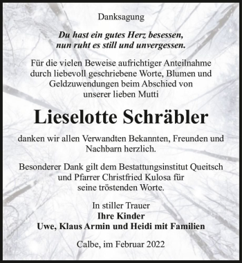 Traueranzeige von Lieselotte Schräbler  von Magdeburger Volksstimme