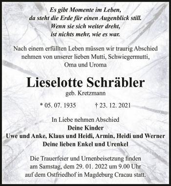 Traueranzeige von Lieselotte Schräbler (geb. Kretzmann)  von Magdeburger Volksstimme