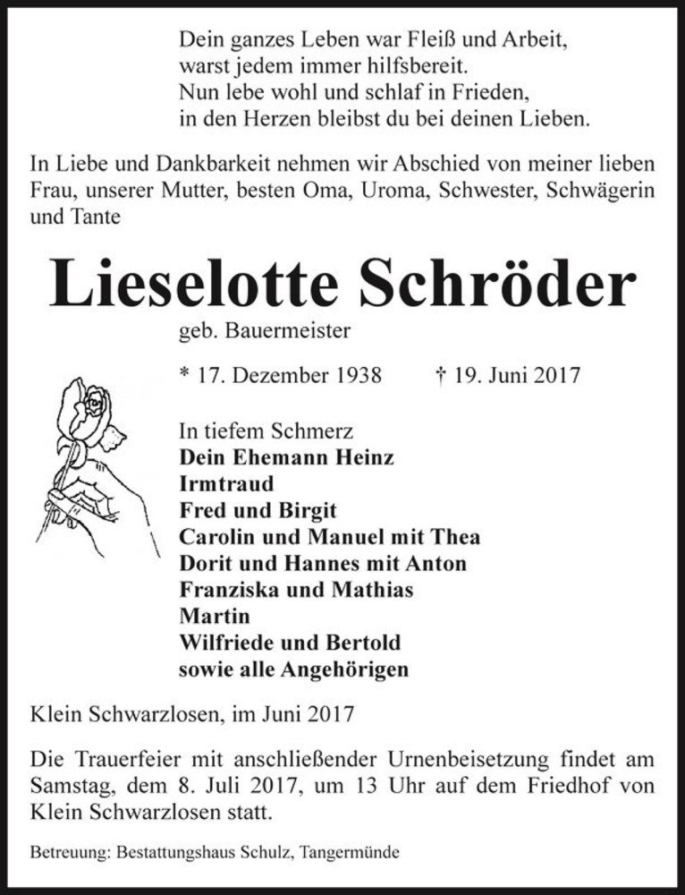  Traueranzeige für Lieselotte Schröder (geb. Bauermeister)  vom 24.06.2017 aus Magdeburger Volksstimme