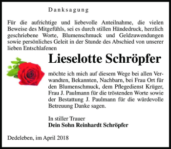 Traueranzeige von Lieselotte Schröpfer  von Magdeburger Volksstimme