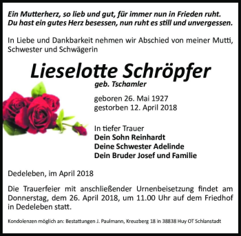 Traueranzeige von Lieselotte Schröpfer (geb. Tschamler)  von Magdeburger Volksstimme