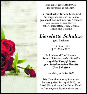 Traueranzeige von Lieselotte Schultze (geb. Bachran)  von Magdeburger Volksstimme