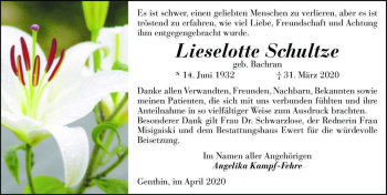 Traueranzeige von Lieselotte Schultze (geb. Bachran)  von Magdeburger Volksstimme