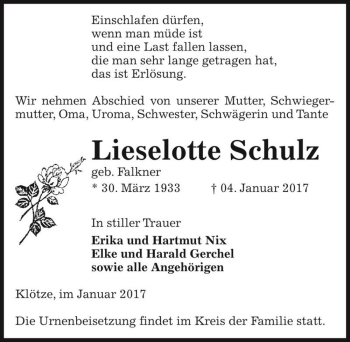 Traueranzeige von Lieselotte Schulz (geb. Falkner)  von Magdeburger Volksstimme