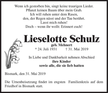 Traueranzeige von Lieselotte Schulz (geb. Mehnert)  von Magdeburger Volksstimme