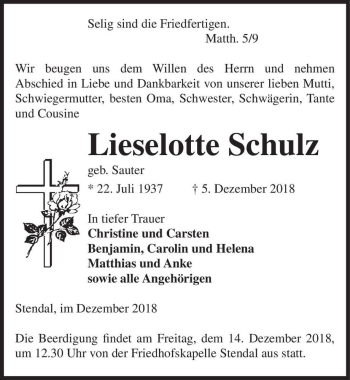 Traueranzeige von Lieselotte Schulz (geb. Sauter)  von Magdeburger Volksstimme