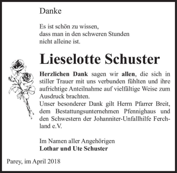 Traueranzeige von Lieselotte Schuster  von Magdeburger Volksstimme