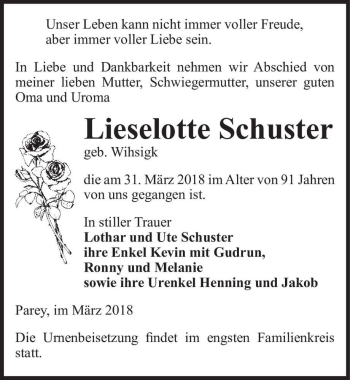 Traueranzeige von Lieselotte Schuster (geb. Wihsigk)  von Magdeburger Volksstimme