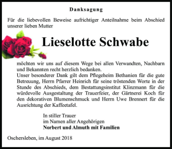 Traueranzeige von Lieselotte Schwabe  von Magdeburger Volksstimme