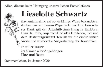 Traueranzeige von Lieselotte Schwartz  von Magdeburger Volksstimme