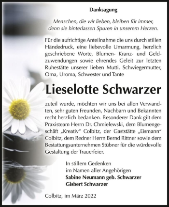 Traueranzeige von Lieselotte Schwarzer  von Magdeburger Volksstimme
