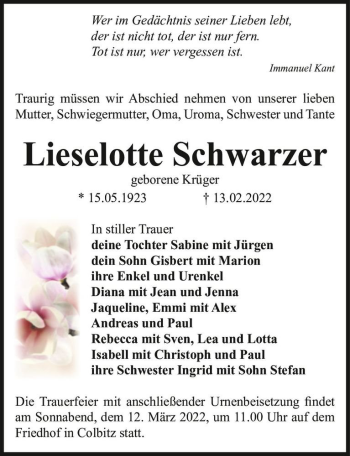 Traueranzeige von Lieselotte Schwarzer (geb. Krüger)  von Magdeburger Volksstimme