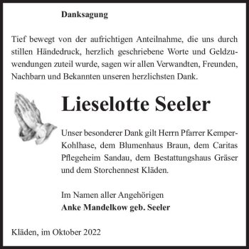Traueranzeige von Lieselotte Seeler  von Magdeburger Volksstimme