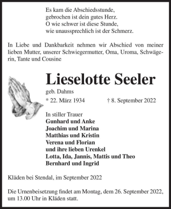 Traueranzeige von Lieselotte Seeler (geb. Dahms)  von Magdeburger Volksstimme