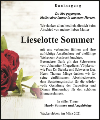 Traueranzeige von Lieselotte Sommer  von Magdeburger Volksstimme