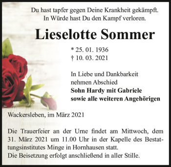 Traueranzeige von Lieselotte Sommer  von Magdeburger Volksstimme