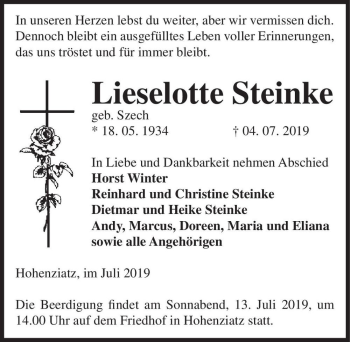 Traueranzeige von Lieselotte Steinke (geb. Szech)  von Magdeburger Volksstimme
