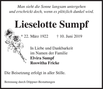 Traueranzeige von Lieselotte Sumpf  von Magdeburger Volksstimme