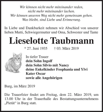 Traueranzeige von Lieselotte Taubmann  von Magdeburger Volksstimme