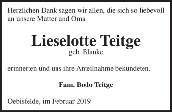 Traueranzeige von Lieselotte Teitge (geb. Blanke)  von Magdeburger Volksstimme
