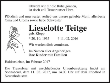 Traueranzeige von Lieselotte Teitge (geb. Klopp)  von Magdeburger Volksstimme