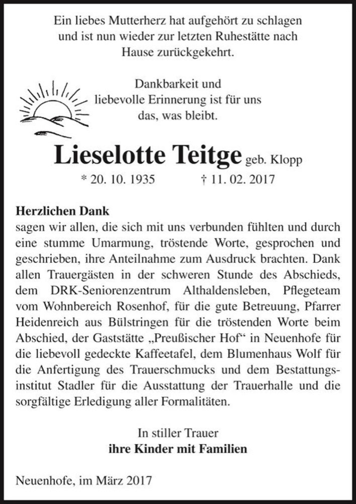  Traueranzeige für Lieselotte Teitge (geb. Kloppe)  vom 18.03.2017 aus Magdeburger Volksstimme