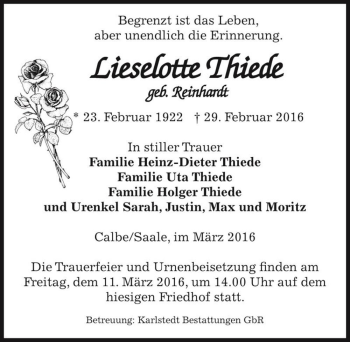 Traueranzeige von Lieselotte Thiede (geb. Reinhardt)  von Magdeburger Volksstimme