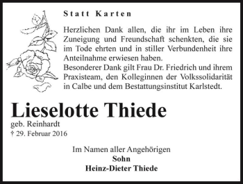 Traueranzeige von Lieselotte Thiede (geb. Reinhardt)  von Magdeburger Volksstimme