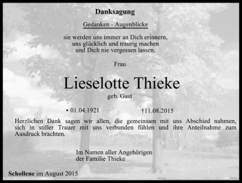 Traueranzeige von Lieselotte Thieke (geb. Gast)  von Magdeburger Volksstimme