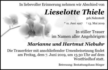 Traueranzeige von Lieselotte Thiele (geb. Nahrstedt)  von Magdeburger Volksstimme