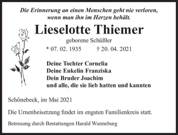 Traueranzeige von Lieselotte Thiemer (geb. Schüßler)  von Magdeburger Volksstimme