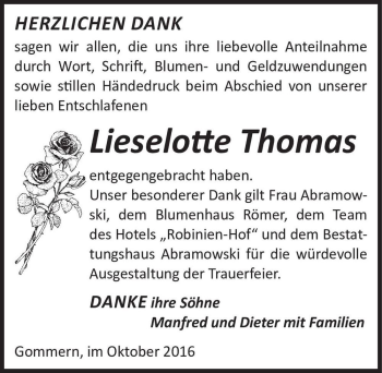Traueranzeige von Lieselotte Thomas  von Magdeburger Volksstimme