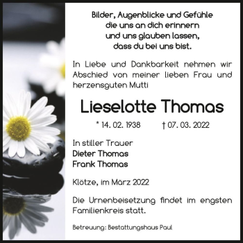 Traueranzeige von Lieselotte Thomas  von Magdeburger Volksstimme