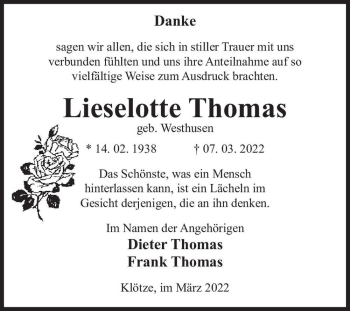 Traueranzeige von Lieselotte Thomas (geb. Westhusen)  von Magdeburger Volksstimme