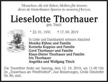 Traueranzeige von Lieselotte Thorhauer (geb. Titsch)  von Magdeburger Volksstimme