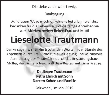 Traueranzeige von Lieselotte Trautmann  von Magdeburger Volksstimme