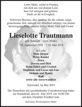 Traueranzeige von Lieselotte Trautmann (geb. Schmidt, verw. Prinke)  von Magdeburger Volksstimme