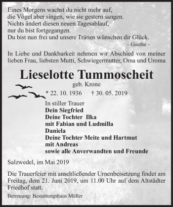 Traueranzeige von Lieselotte Tummoscheit (geb. Krone)  von Magdeburger Volksstimme