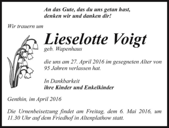 Traueranzeige von Lieselotte Voigt (geb. Wapenhaus)  von Magdeburger Volksstimme