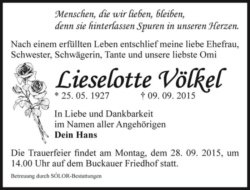  Traueranzeige für Lieselotte Völkel  vom 19.09.2015 aus Magdeburger Volksstimme