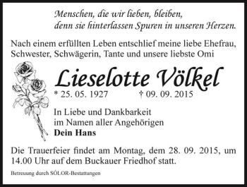 Traueranzeige von Lieselotte Völkel  von Magdeburger Volksstimme