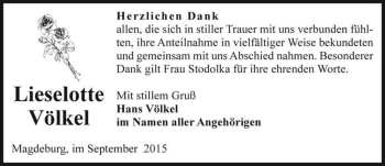 Traueranzeige von Lieselotte Völkel  von Magdeburger Volksstimme